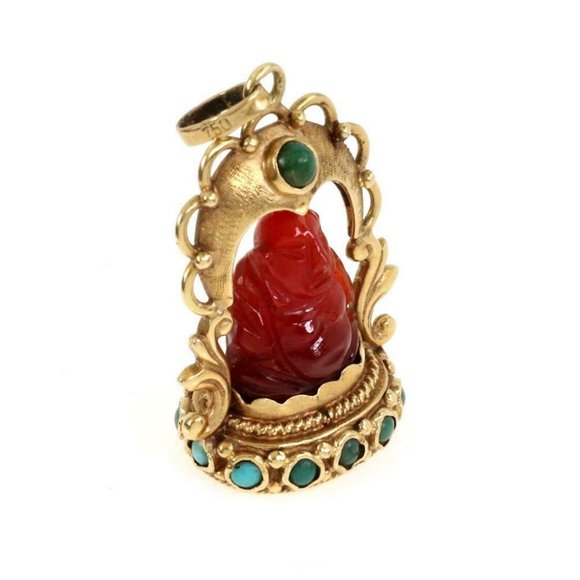 Vintage 18k YGold Jade Carnelian Buddah Pendant - Picture 2 of 4